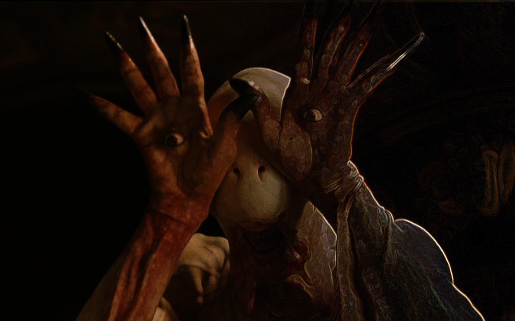 HD PC desktop wallpaper featuring a dark, eerie scene from the movie Pan's Labyrinth, highlighting the Pale Man with his distinctive eye-covered hands.