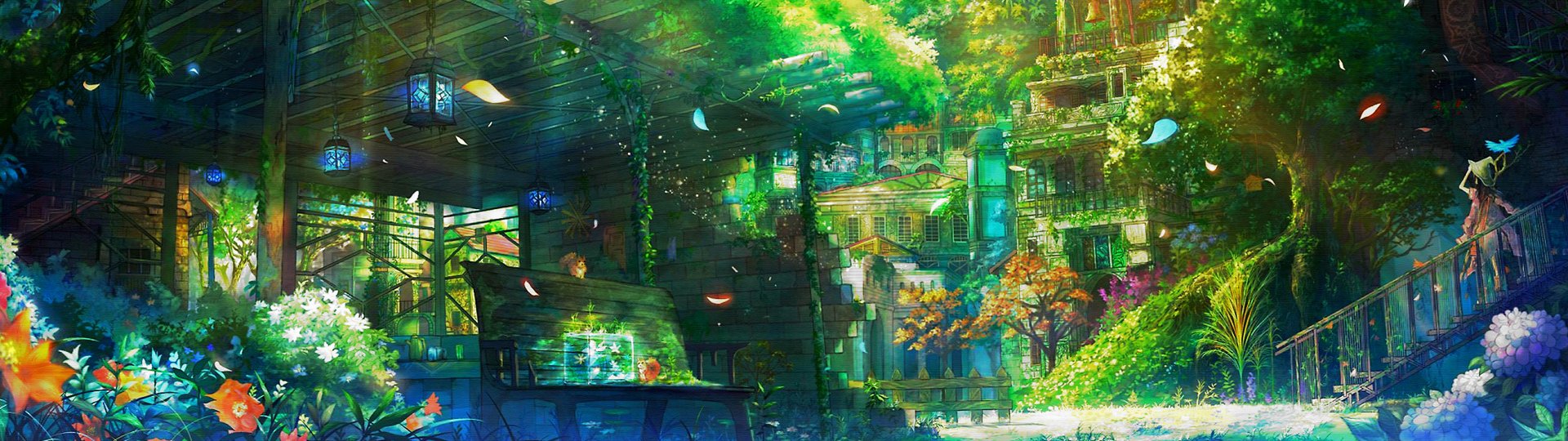 HD anime original desktop wallpaper depicting a vibrant, sunlit urban scene with lush greenery, buildings, and floating petals creating a serene atmosphere.