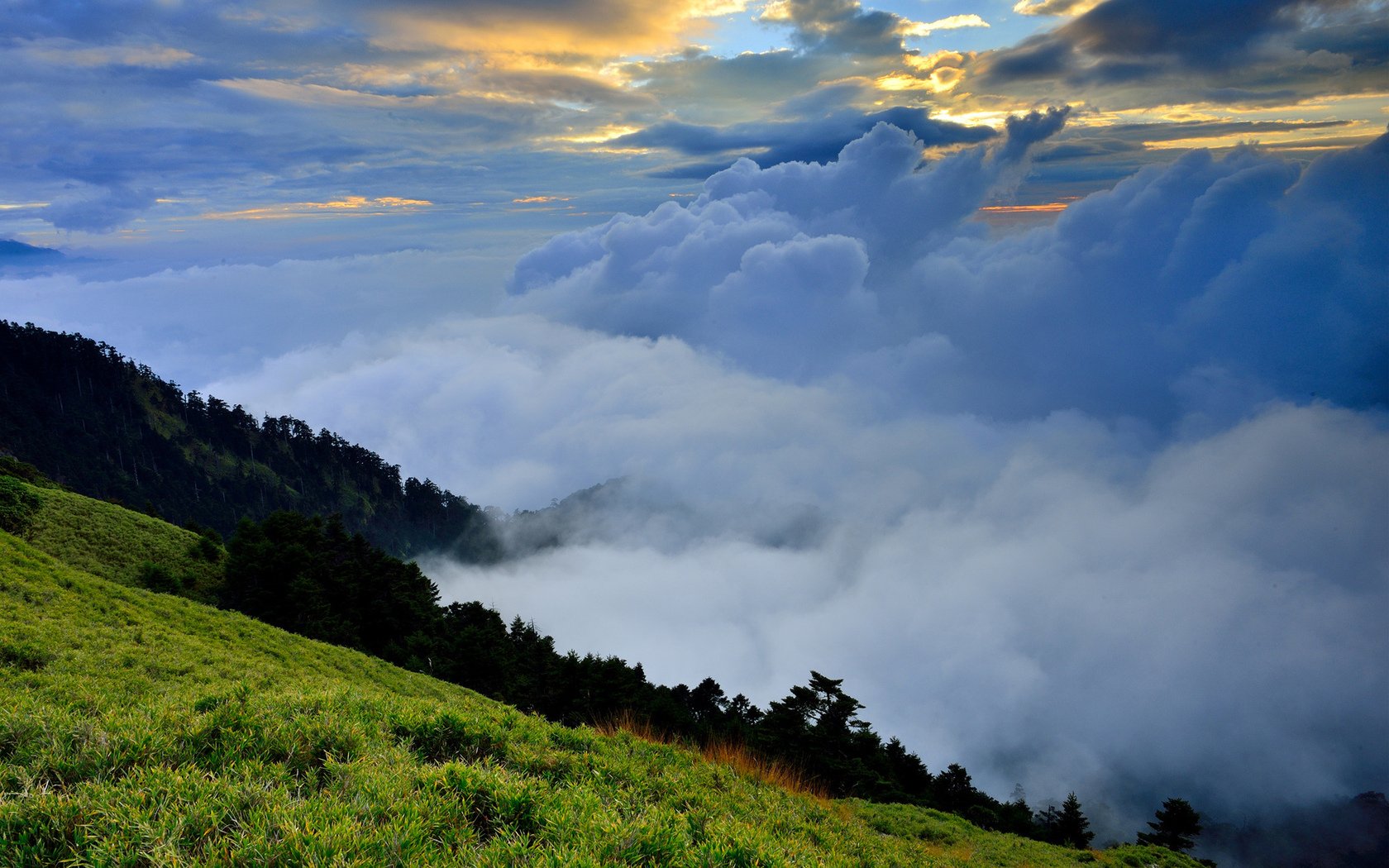 HD PC desktop wallpaper showcasing a lush green hillside descending into a sea of clouds under a vibrant sky at sunset.