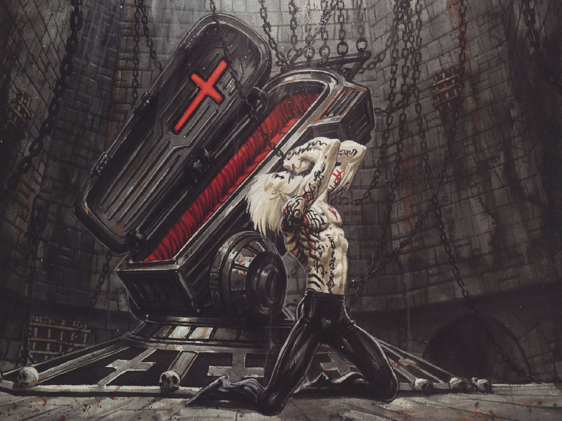 Comic-style requiem HD PC desktop wallpaper and background: pale, scarred warrior hoists a red-lined coffin with a cross inside a ruined circular crypt.