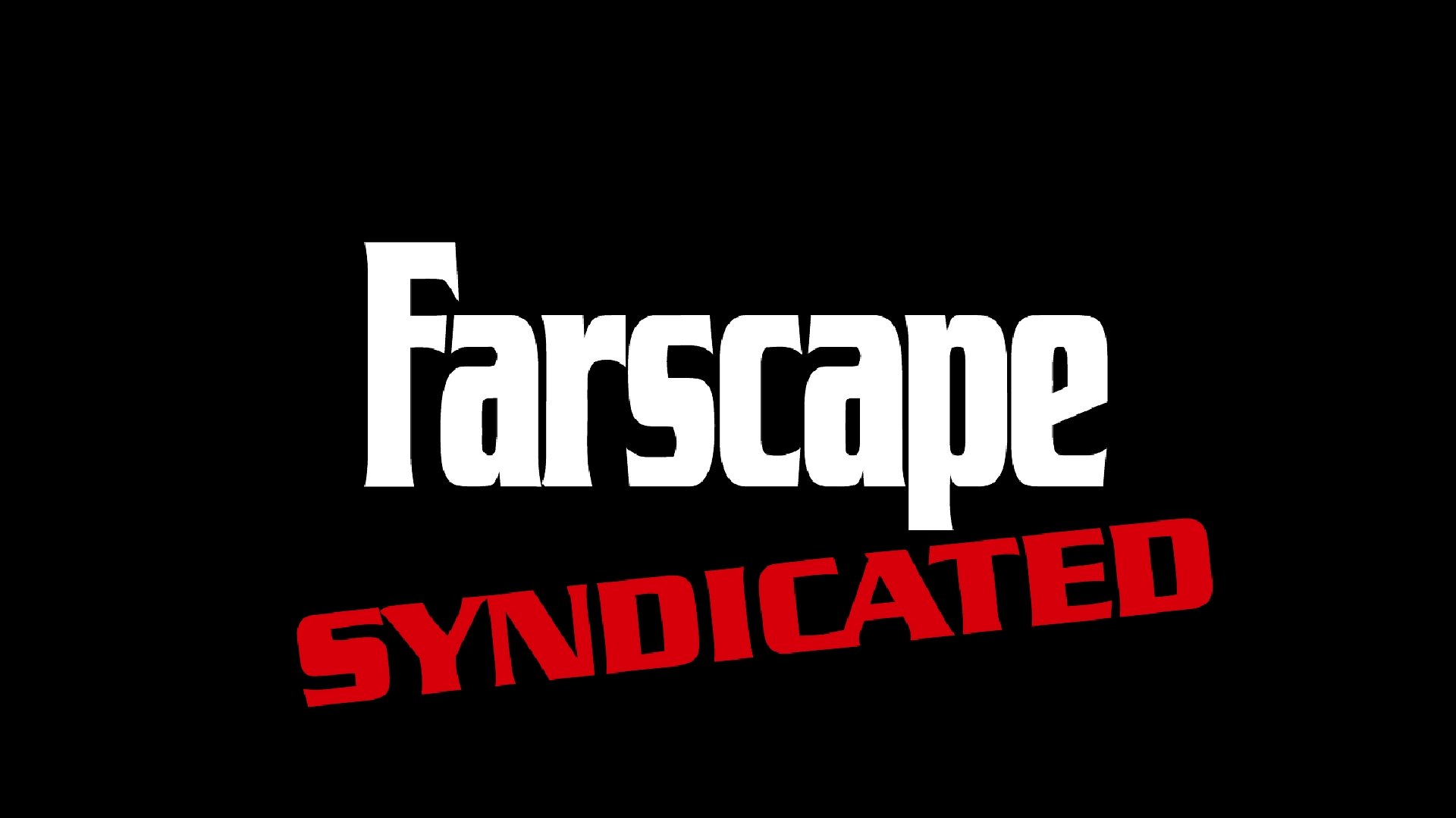 HD PC desktop wallpaper featuring the bold white Farscape logo with red Syndicated text on a black background, inspired by the TV show Farscape.