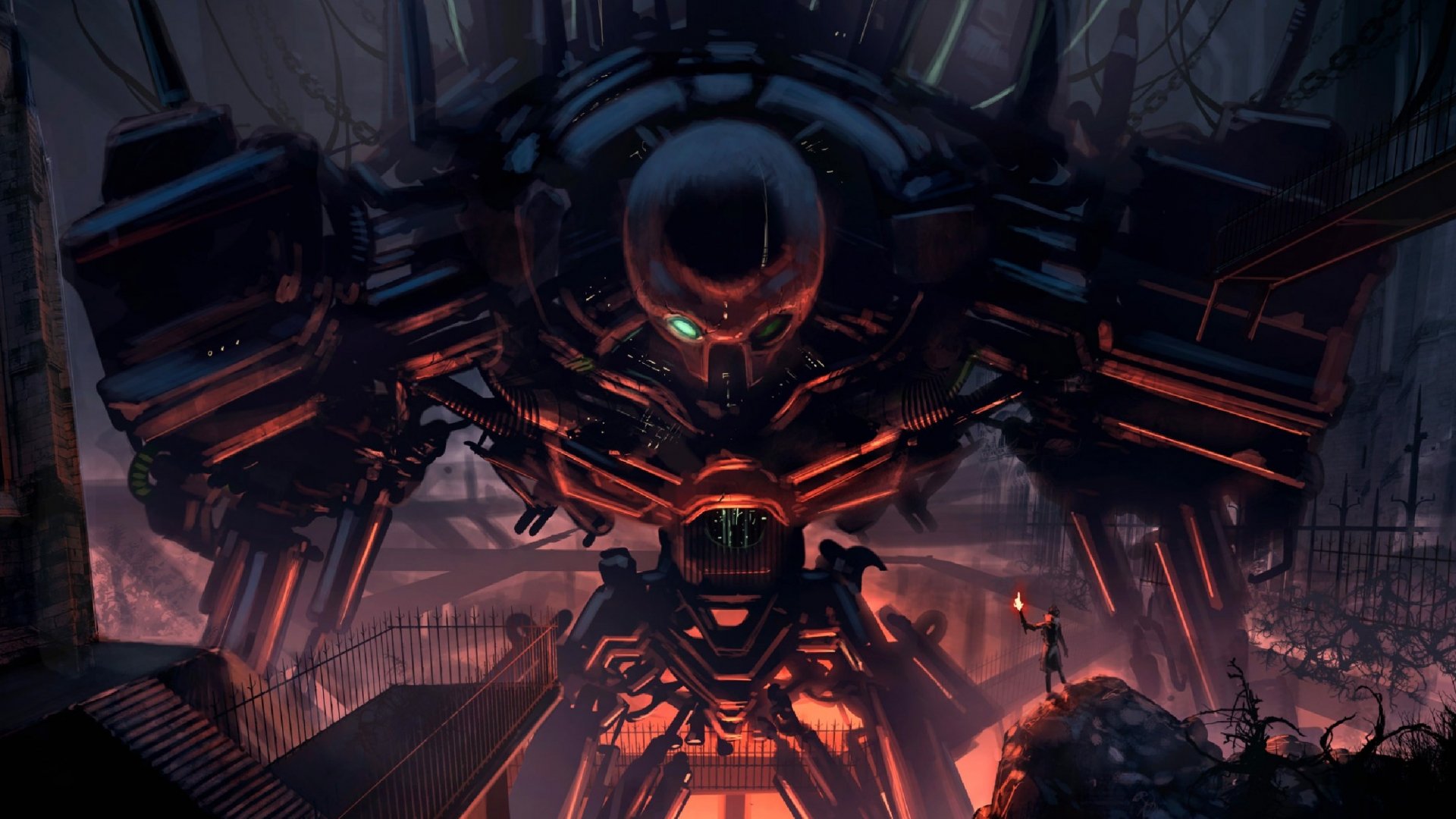 HD sci-fi PC desktop wallpaper featuring a massive, menacing robot with glowing eyes in a dark, industrial environment.