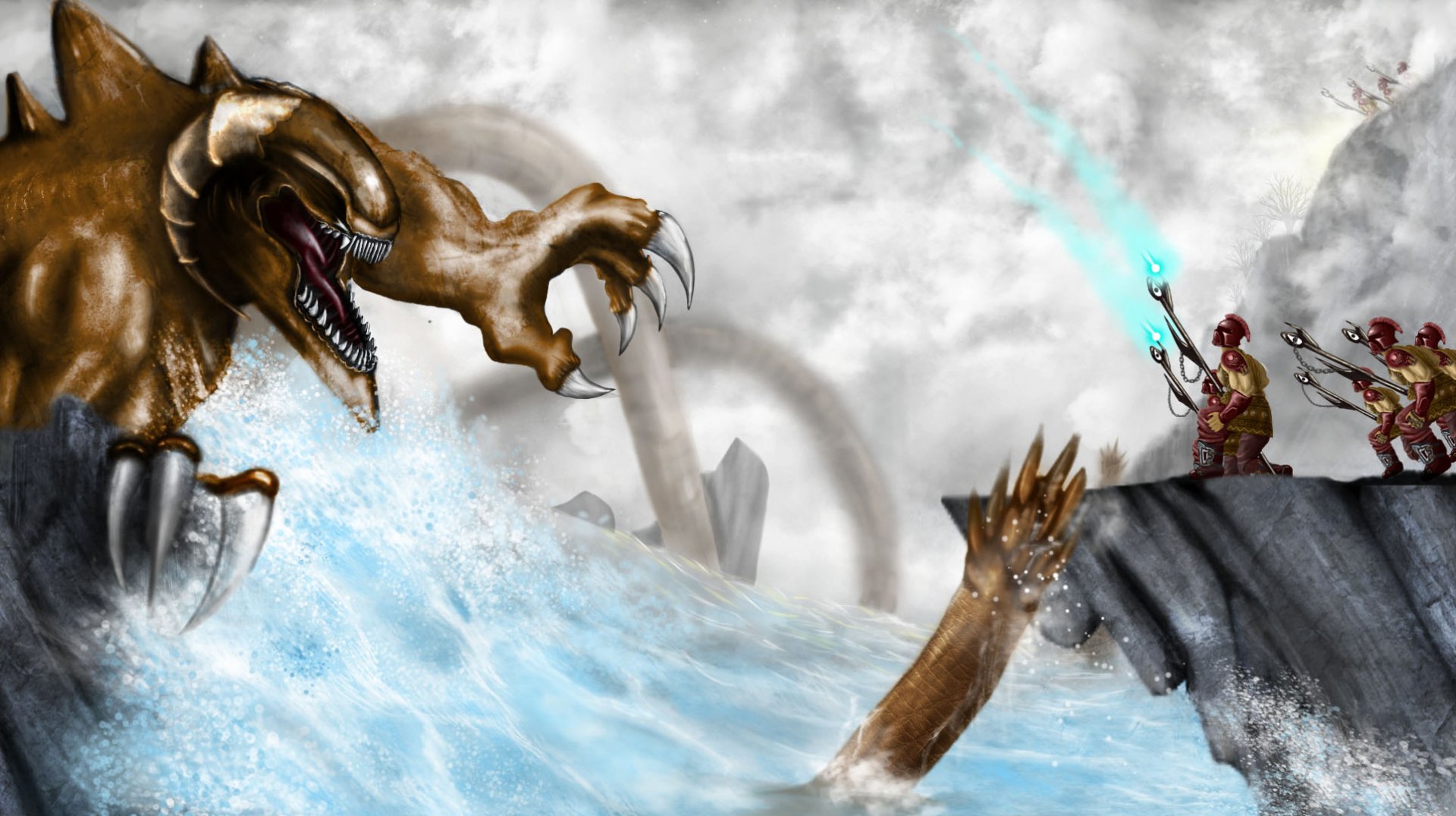 A dramatic fantasy scene featuring a menacing kraken emerging from turbulent waters, contrasting with a determined warrior ready to confront the beast. HD PC desktop wallpaper.