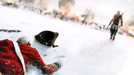 A dynamic HD wallpaper from Assassin's Creed III, featuring a snowy battlefield with a fallen soldier and a character approaching, capturing the game's intense atmosphere.