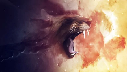 HD desktop wallpaper featuring a close-up of a lion yawning against a vibrant, cosmic background blending shades of yellow, orange, and blue.