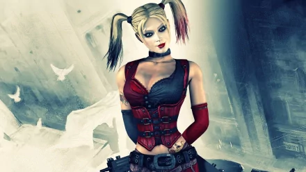 Harley Quinn stands confidently in this HD wallpaper from Batman: Arkham City, showcasing her iconic outfit and playful demeanor against a dynamic background.