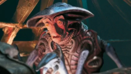 A close-up of Pilot from the TV show Farscape, showcasing intricate alien features against a vibrant background, designed as an HD desktop wallpaper.