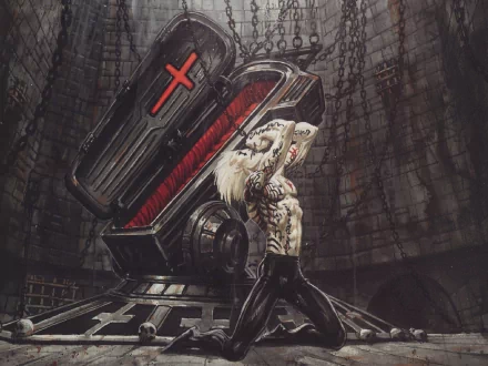 Comic-style requiem HD PC desktop wallpaper and background: pale, scarred warrior hoists a red-lined coffin with a cross inside a ruined circular crypt.