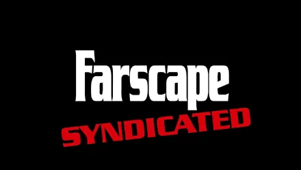 HD PC desktop wallpaper featuring the bold white Farscape logo with red Syndicated text on a black background, inspired by the TV show Farscape.