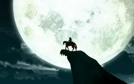 HD desktop wallpaper featuring a silhouette of a character on horseback against a large full moon from The Legend of Zelda: Twilight Princess video game.