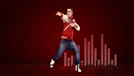 HD desktop wallpaper featuring music artist Justin Bieber in a dynamic pose against a deep red background with sound wave graphics.
