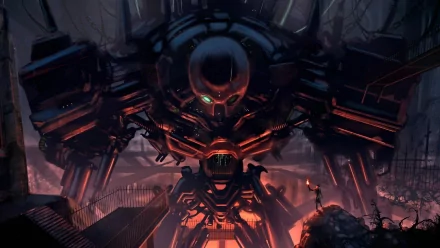 HD sci-fi PC desktop wallpaper featuring a massive, menacing robot with glowing eyes in a dark, industrial environment.