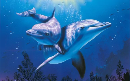 HD desktop wallpaper featuring two dolphins swimming together in a serene, underwater scene with vibrant blue tones and light streaming through the water.