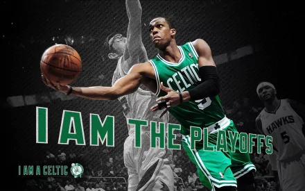 HD desktop wallpaper featuring Rajon Rondo of the Boston Celtics in action, highlighting NBA playoffs with the text I AM THE PLAYOFFS.
