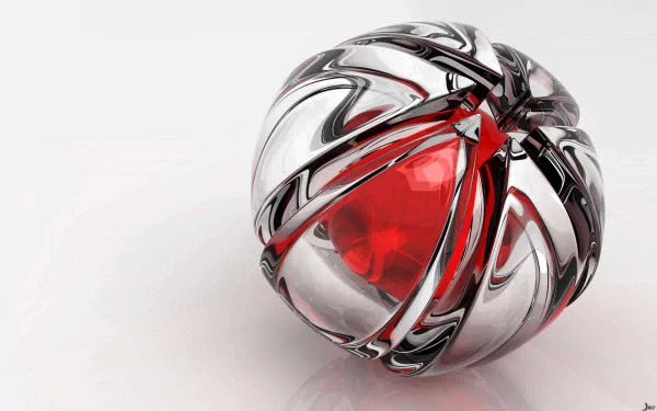 A 3D CGI abstract metal sphere with red core, rendered in high definition as a sleek PC desktop wallpaper and background.