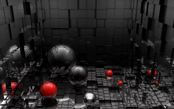 An abstract 3D design featuring reflective black and red spheres amidst a grid-like structure, creating a striking HD desktop wallpaper and background.