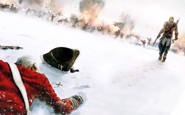 A dynamic HD wallpaper from Assassin's Creed III, featuring a snowy battlefield with a fallen soldier and a character approaching, capturing the game's intense atmosphere.