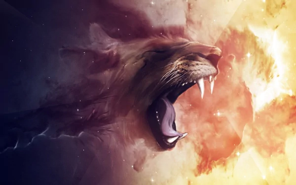 HD desktop wallpaper featuring a close-up of a lion yawning against a vibrant, cosmic background blending shades of yellow, orange, and blue.