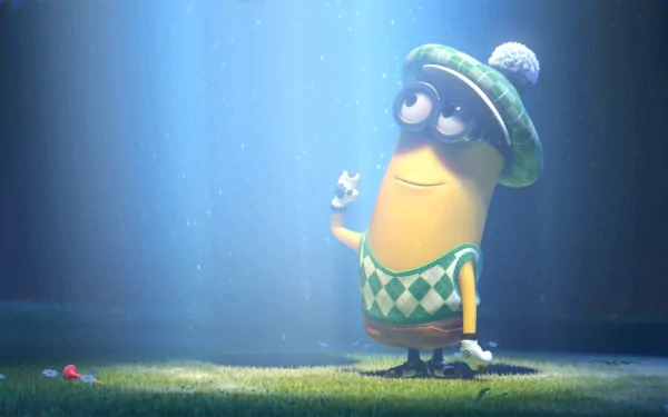 A vibrant HD wallpaper featuring Kevin from the Minions, dressed in a green and white outfit, standing in a spotlight on grassy ground, inspired by Despicable Me 2.