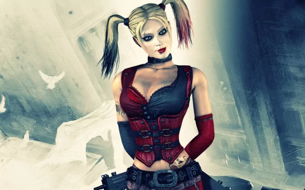 Harley Quinn stands confidently in this HD wallpaper from Batman: Arkham City, showcasing her iconic outfit and playful demeanor against a dynamic background.