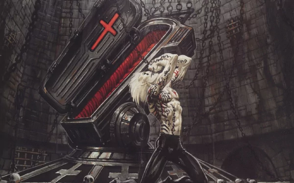 Comic-style requiem HD PC desktop wallpaper and background: pale, scarred warrior hoists a red-lined coffin with a cross inside a ruined circular crypt.