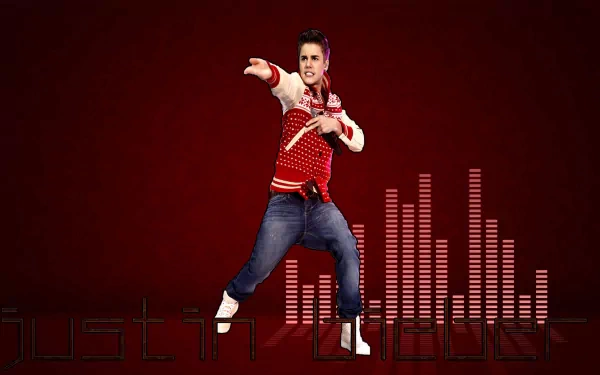 HD desktop wallpaper featuring music artist Justin Bieber in a dynamic pose against a deep red background with sound wave graphics.