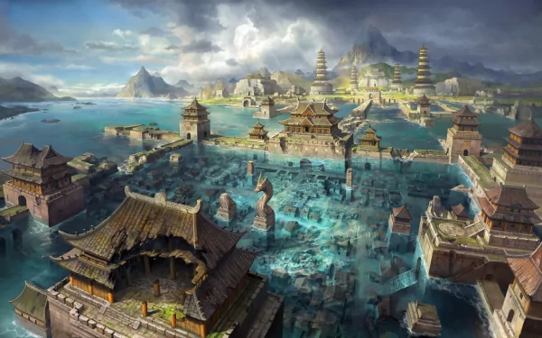 A flooded ancient fantasy ruin with traditional pagoda-style buildings submerged in water under a dramatic cloudy sky, rendered in high-definition detail.