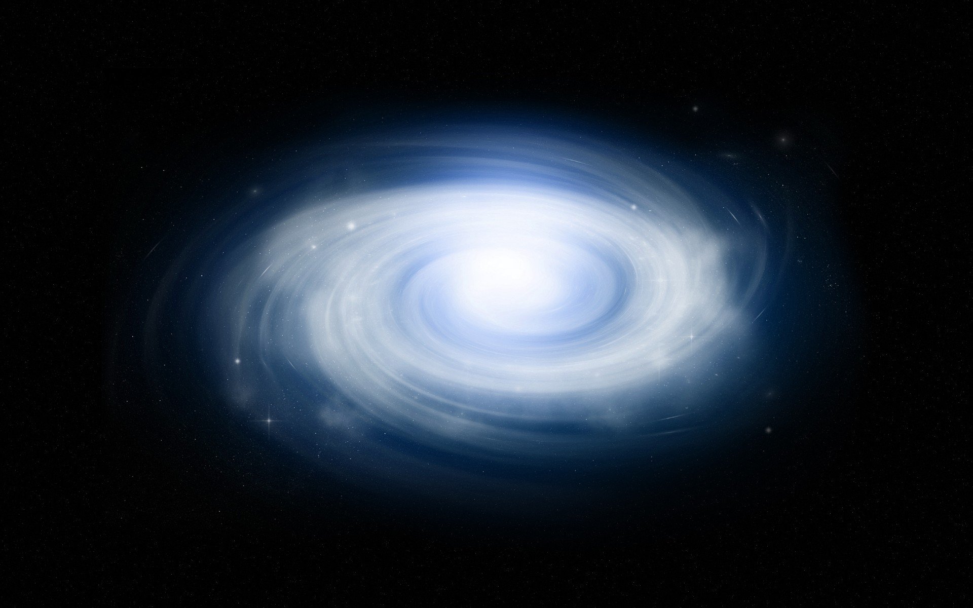 Bright sci-fi spiral galaxy with a glowing white-blue core and swirling arms against black space — HD PC desktop wallpaper/background.