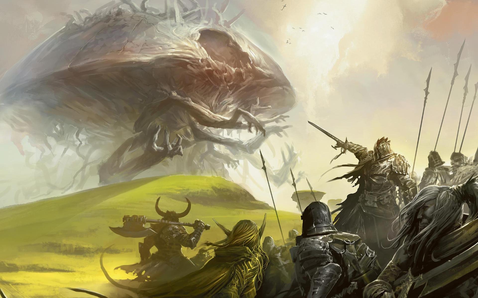 A dramatic scene from Magic: The Gathering featuring warriors facing a colossal, monstrous figure against a vibrant landscape. This HD artwork serves as an engaging desktop wallpaper.