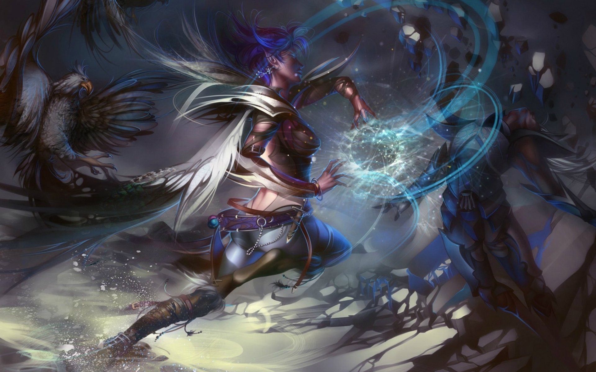 HD PC desktop wallpaper for Lineage video game: a winged armored spellcaster conjures swirling blue magic amid ravens and shadowy figures on a storm-swept battlefield.