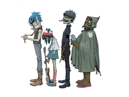 HD PC desktop wallpaper featuring the animated band Gorillaz in their distinct cartoon style, showcasing four characters standing in a row with a white background.