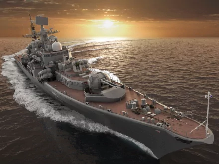 A dramatic HD wallpaper of a military ship cutting through the waves, with a stunning sunset in the background, creating a striking desktop background.
