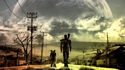 A lone figure and a dog walk down a desolate road under dramatic skies in this HD Fallout 3 video game wallpaper, capturing the essence of a post-apocalyptic world.