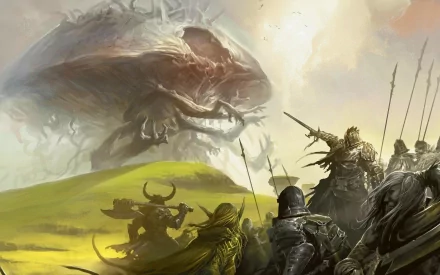 A dramatic scene from Magic: The Gathering featuring warriors facing a colossal, monstrous figure against a vibrant landscape. This HD artwork serves as an engaging desktop wallpaper.