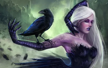A captivating fantasy scene featuring a witch in dark attire, holding a raven, set against a mystical landscape. This HD wallpaper immerses viewers in an enchanting world.