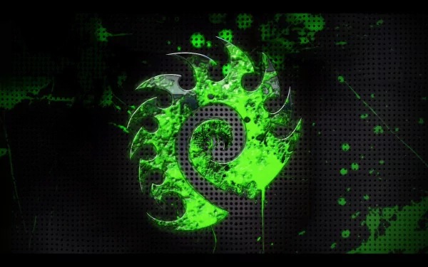 HD PC desktop wallpaper featuring the glowing green Zerg symbol from the video game Starcraft against a dark, digital-styled background.