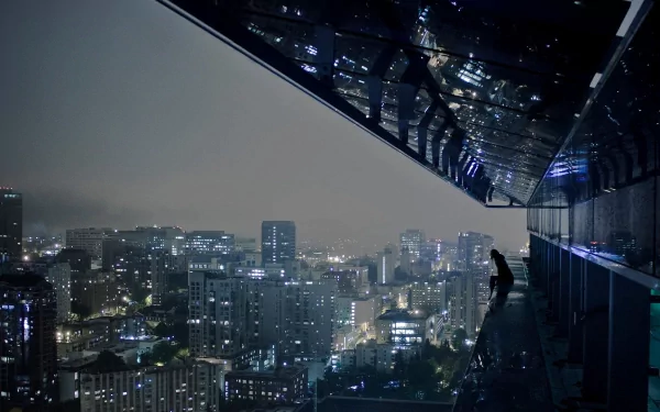 A man gazes over a vibrant cityscape at night, illuminated by countless lights. The skyline showcases modern architecture against a softly lit sky, captured in stunning HD detail.