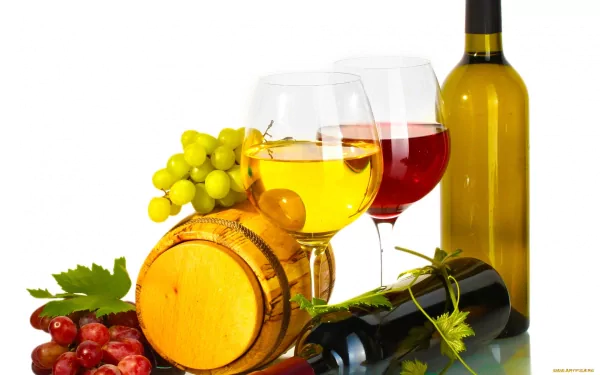 HD desktop wallpaper featuring a wine-themed still life with red and white wine glasses, bottles, grapes, and a small wooden barrel against a white background.