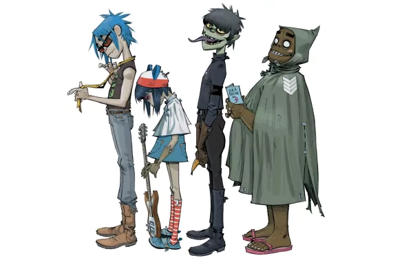 HD PC desktop wallpaper featuring the animated band Gorillaz in their distinct cartoon style, showcasing four characters standing in a row with a white background.