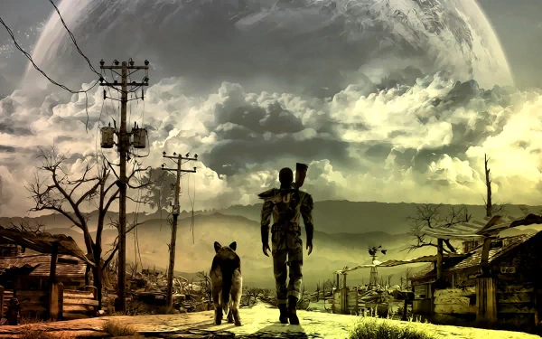 A lone figure and a dog walk down a desolate road under dramatic skies in this HD Fallout 3 video game wallpaper, capturing the essence of a post-apocalyptic world.