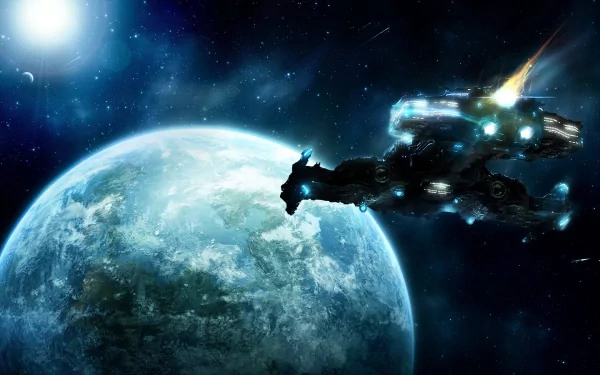 HD PC desktop wallpaper featuring a spaceship orbiting a blue planet in the Starcraft II: Wings of Liberty video game universe.
