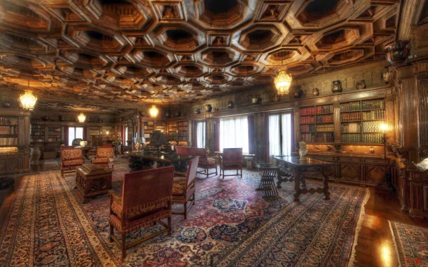 A richly decorated library room featuring ornate wooden ceilings, bookshelves, plush seating, and elegant rugs, offering a serene atmosphere for reading and reflection.