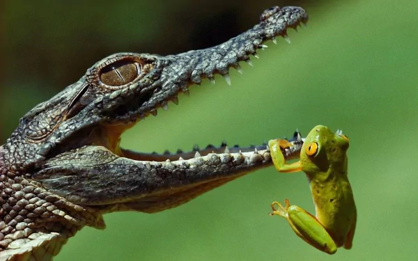 A striking HD desktop wallpaper featuring a crocodile dangerously poised with a frog, showcasing the raw intensity of nature and the predator-prey relationship between these animals.