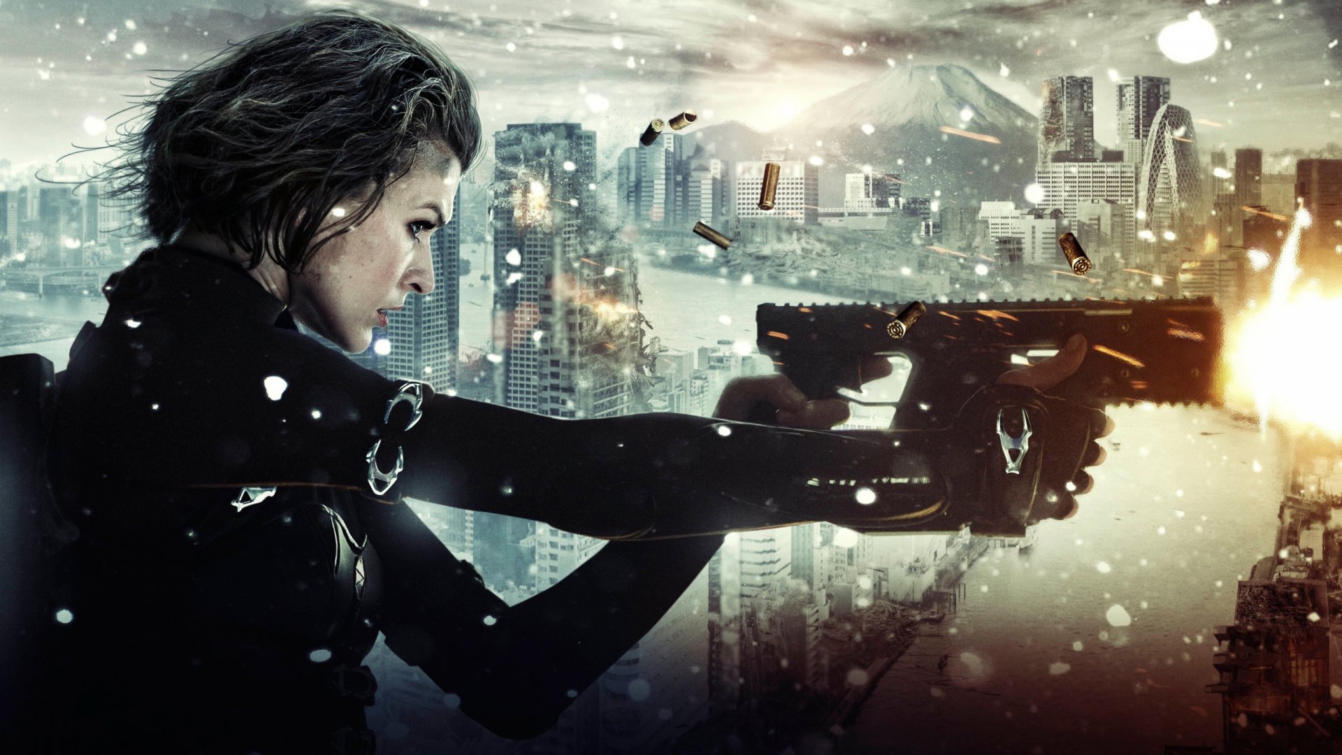 Milla Jovovich in action from the movie Resident Evil: Retribution, depicting a dynamic scene with a gun amidst a dramatic urban backdrop. HD desktop wallpaper.