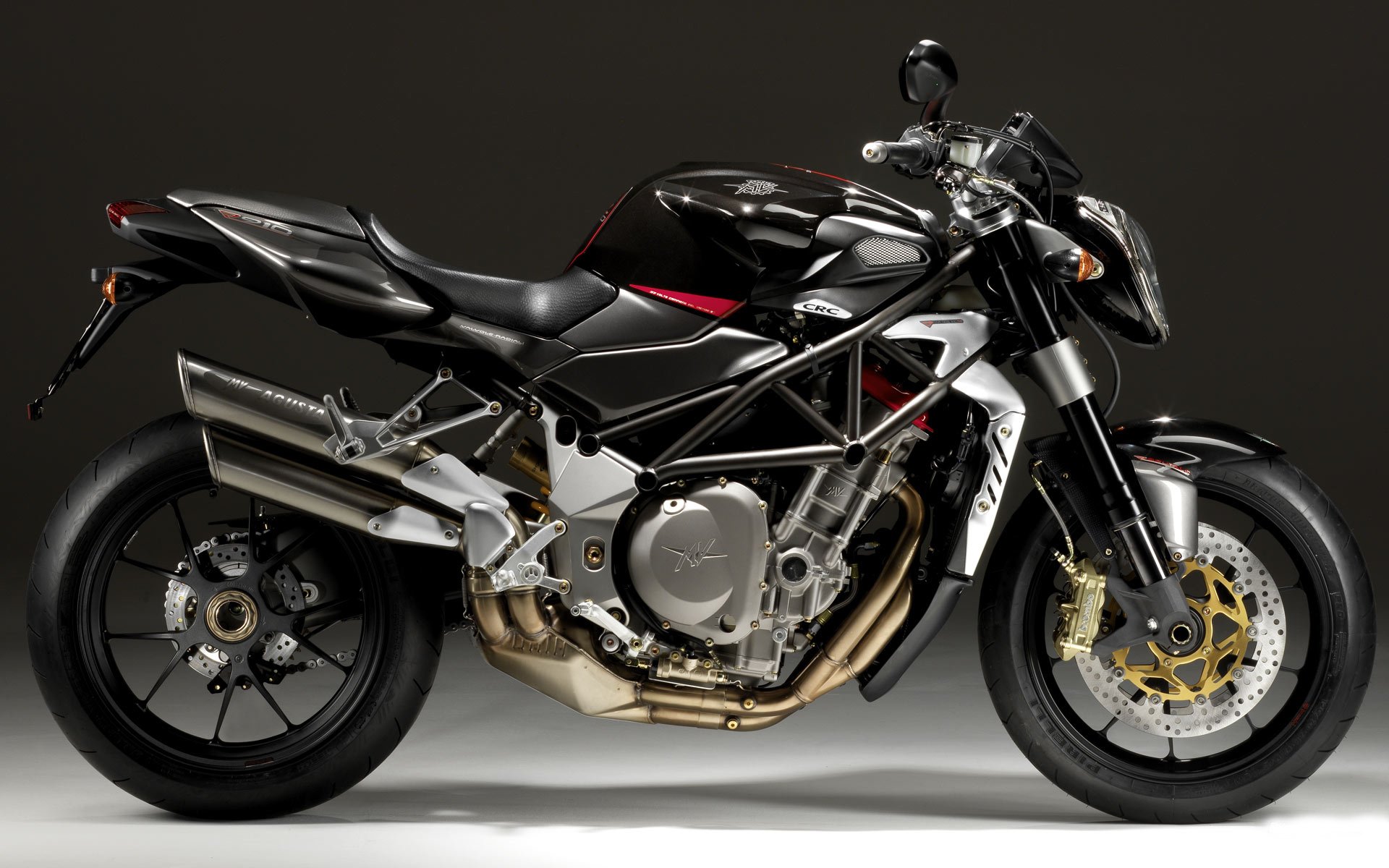 HD desktop wallpaper featuring a sleek black MV Agusta motorcycle against a dark background, highlighting its sporty design and intricate details.