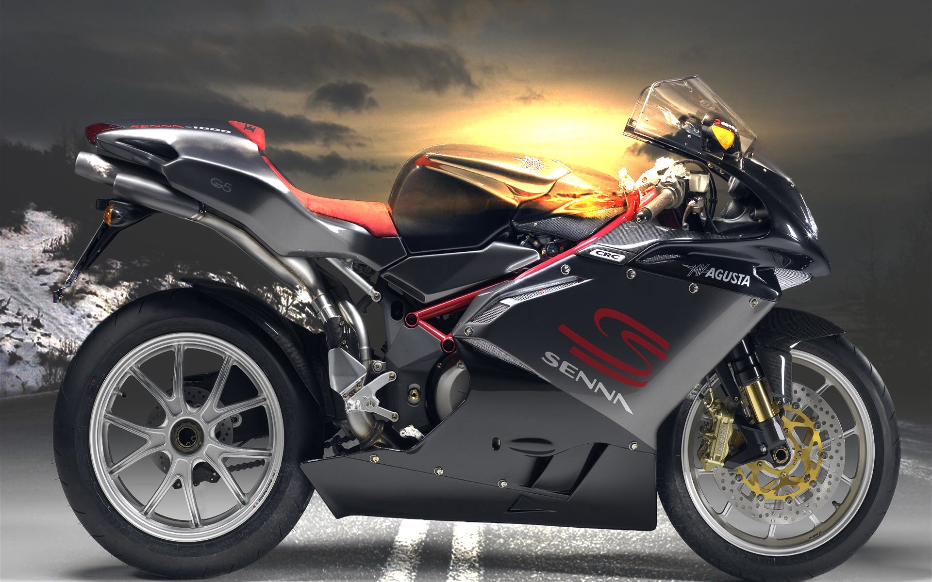 HD desktop wallpaper featuring an MV Agusta Senna motorcycle against a dramatic sunset sky, showcasing sleek design and vibrant details.