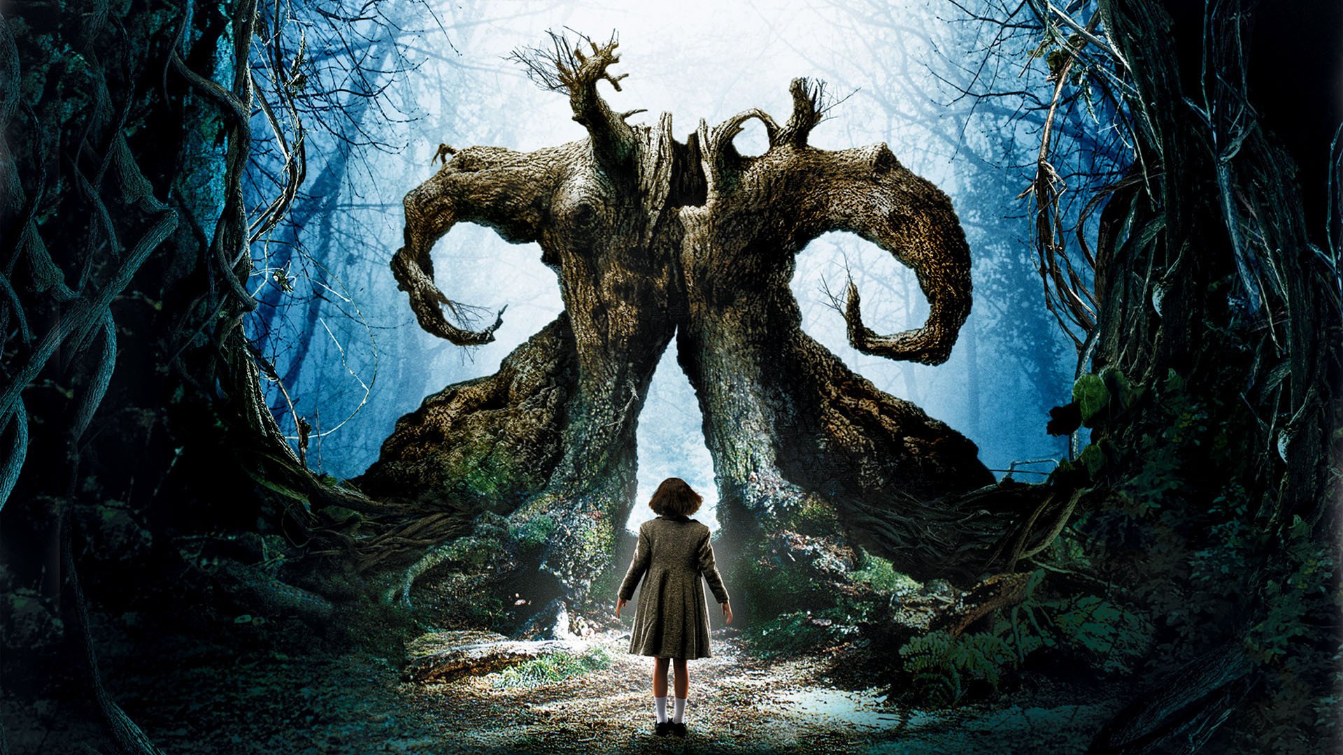 HD PC desktop wallpaper featuring a scene from the movie Pan's Labyrinth, showing a young girl standing before a large, twisted tree in a mystical forest.