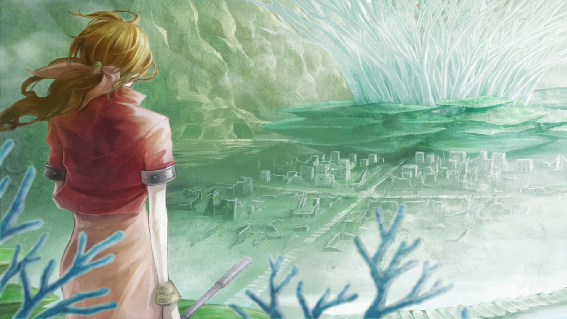 HD fantasy desktop wallpaper featuring a woman in a red cloak holding a sword, overlooking a mystical city with icy terrain and frosty blue branches in the foreground.