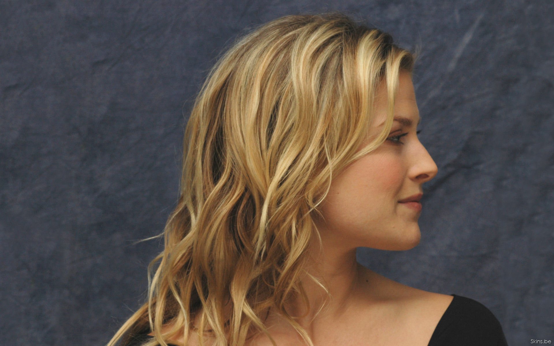 HD PC desktop wallpaper featuring a side profile of celebrity Ali Larter with wavy blonde hair against a dark background.