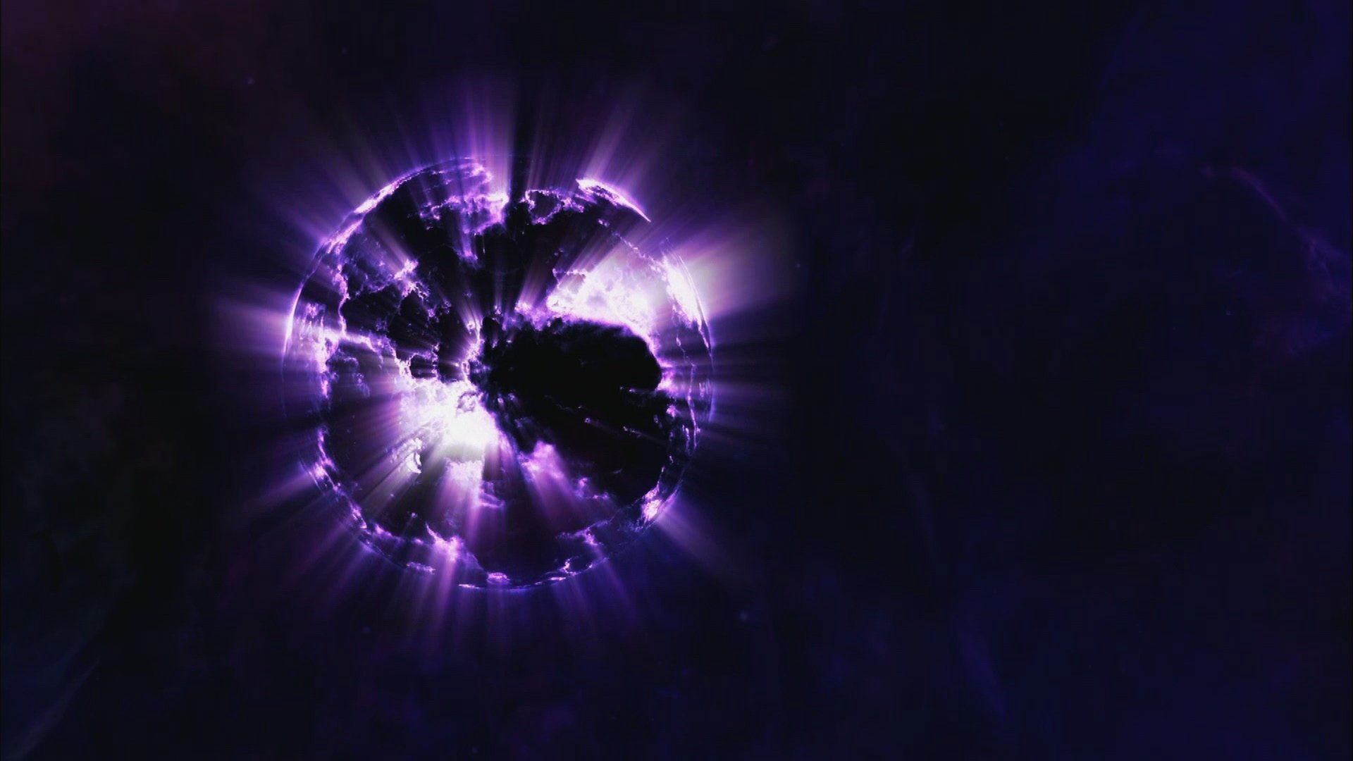 HD PC desktop wallpaper depicting a sci-fi explosion with radiant purple and black energy bursting from a spherical core against a dark cosmic background.